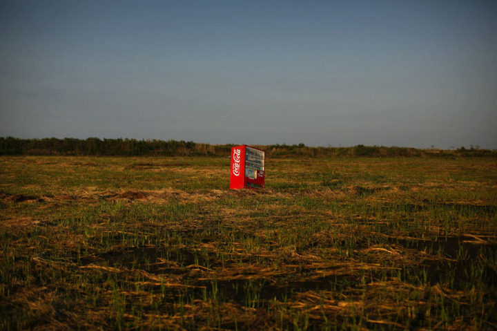 31. A vending machine, brought inland by the tsunami, in an abandoned rice field in Fukushima