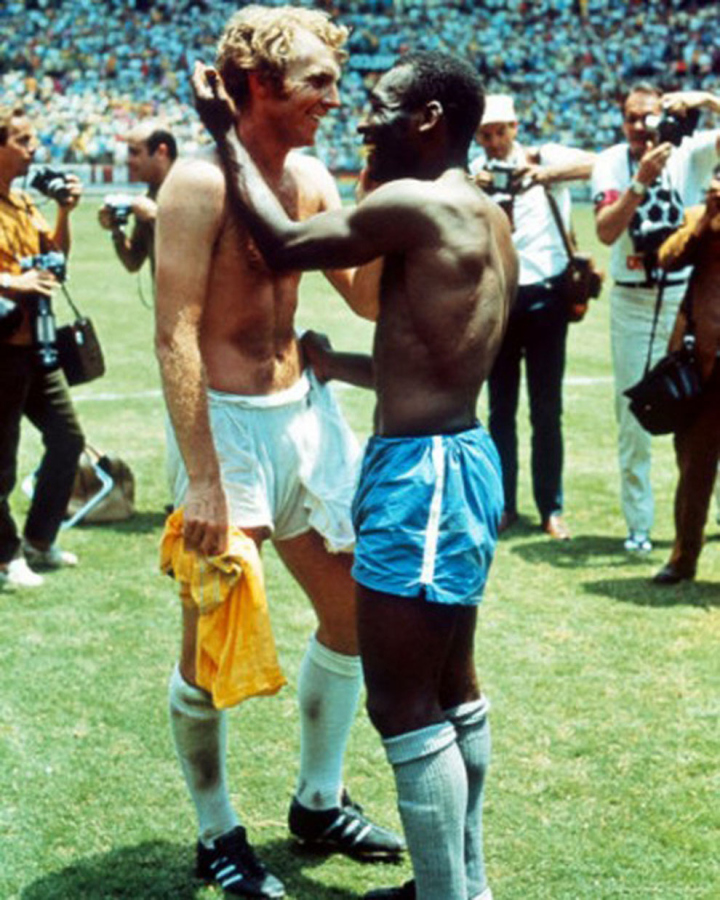 Pele and English captain Bobby Moore trade jerseys in 1970 as a sign of mutual respect during a world Cup that had been marred by racism.