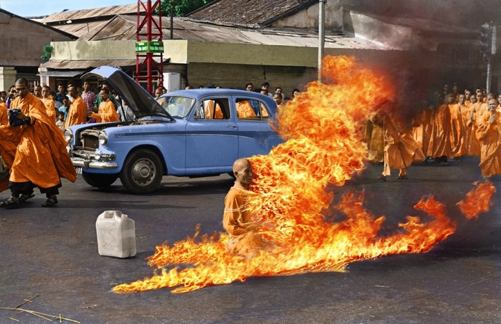 12. Colourised image of Thích Quảng Đức self-immolation to protest the persecution of Buddhists by the South Vietnamese government. 1963.