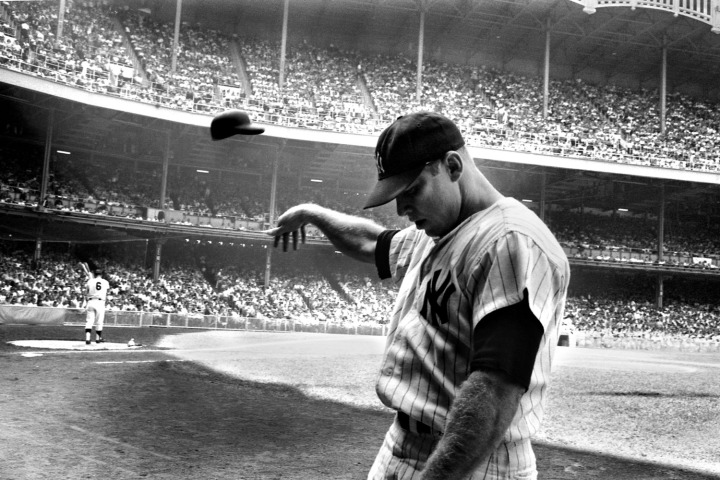 2d. Yankee star Mickey Mantle flings his batting helmet away in disgust after another terrible at-bat near the end of his storied, injury-plagued career Summer, 1965