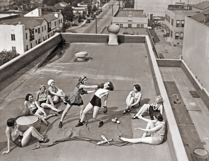 9a. Women boxing on a roof, ca. 1930s