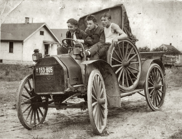 15. Three friends take a joyride on their new vehicle, Ohio, circa 1924