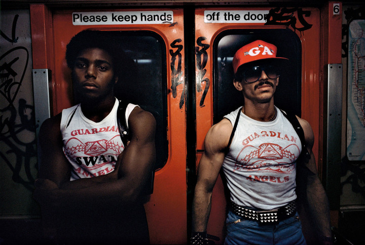 16. Guardian Angels on the NYC subway, early 1980s.