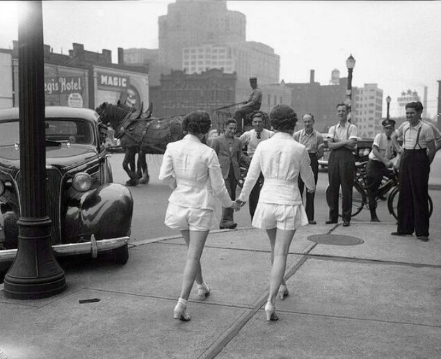43. Two women who first wore shorts in public cause a car accident. Toronto 1937.