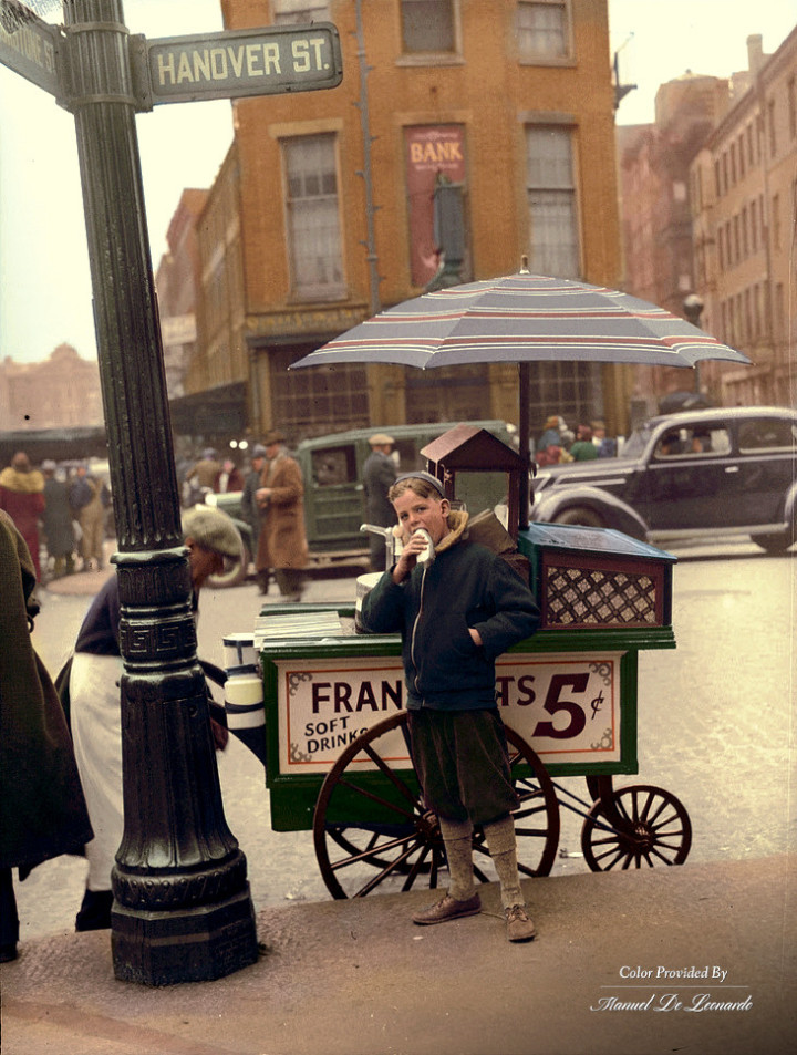 16. Hot dog stand in North End, Boston, 1937