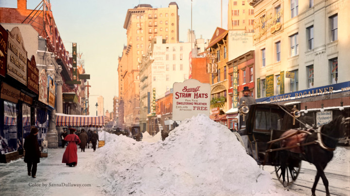 21. Piles of snow on Broadway with an ironic ad, after storm, New York, ca 1905