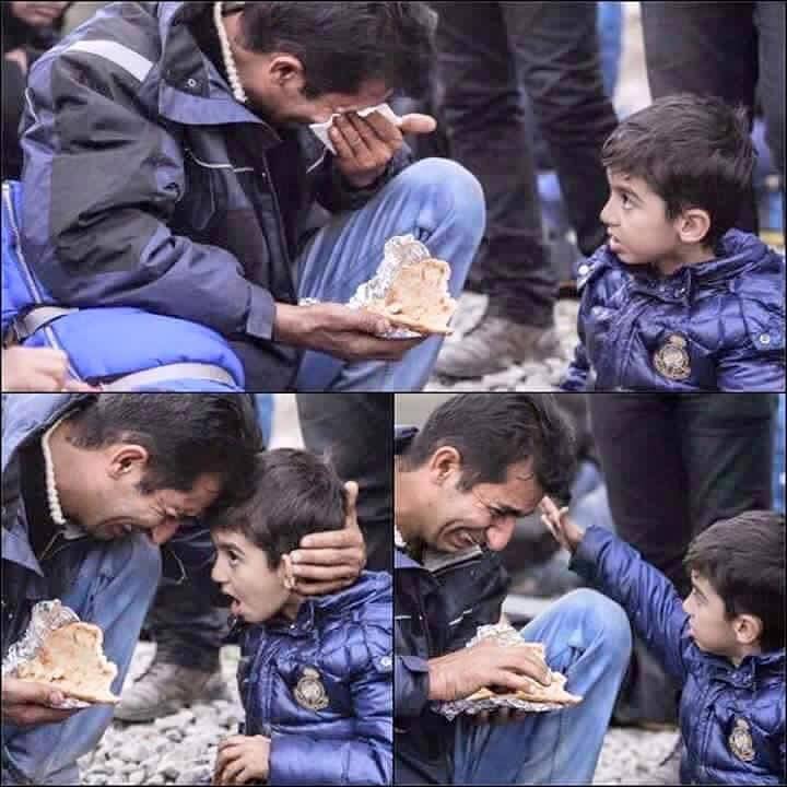 35. Syrian refugee father breaks down as he is incapable of providing food to his son as the son comforts him