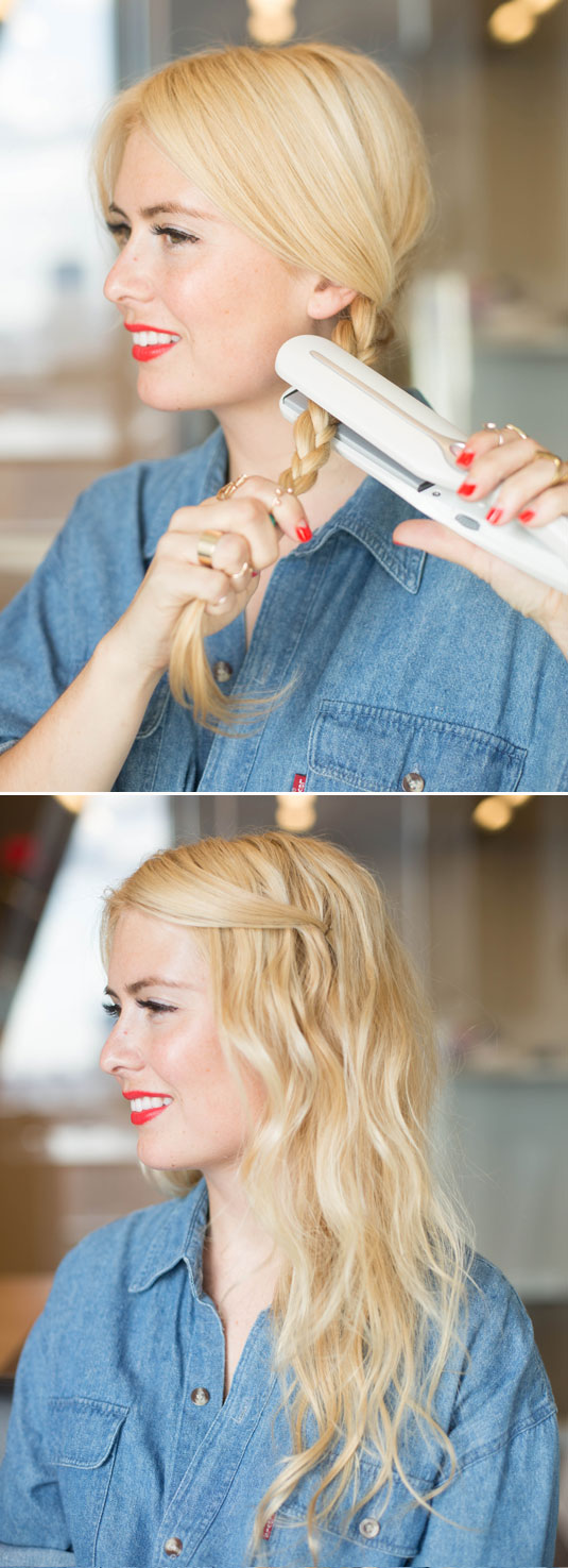 5b. Braid your hair, then heat it up by pressing a flat iron over it to make imperfect waves.