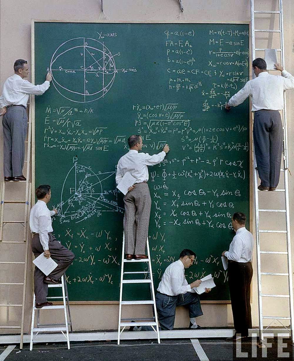 40. NASA scientists pose with their board of calculations, 1961